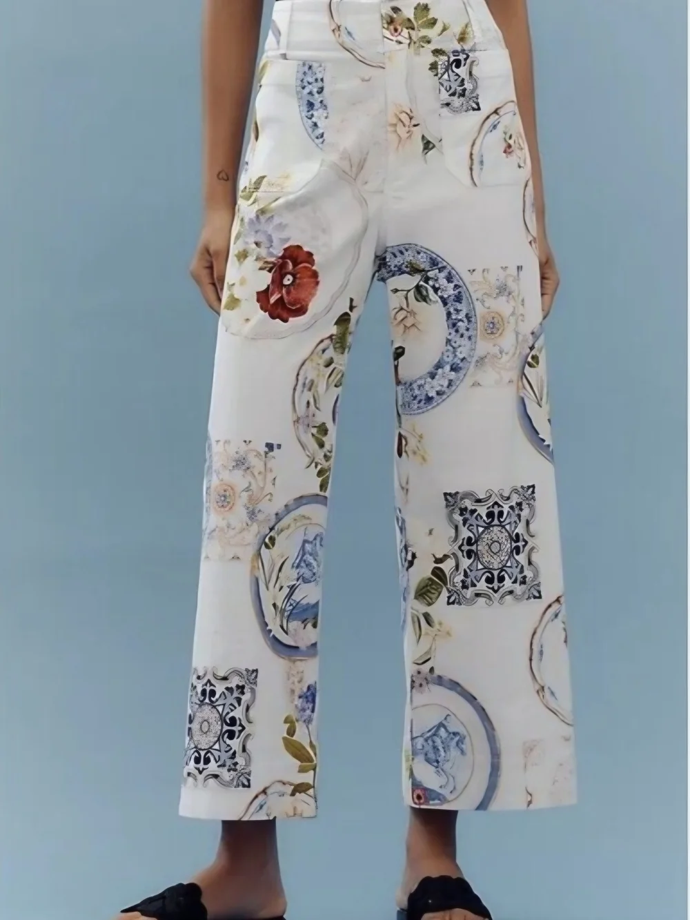 Anthropologie Colette Cropped Wide-Leg Pants Maeve Magic Fabric White Floral 26 - Picture 2 of 8